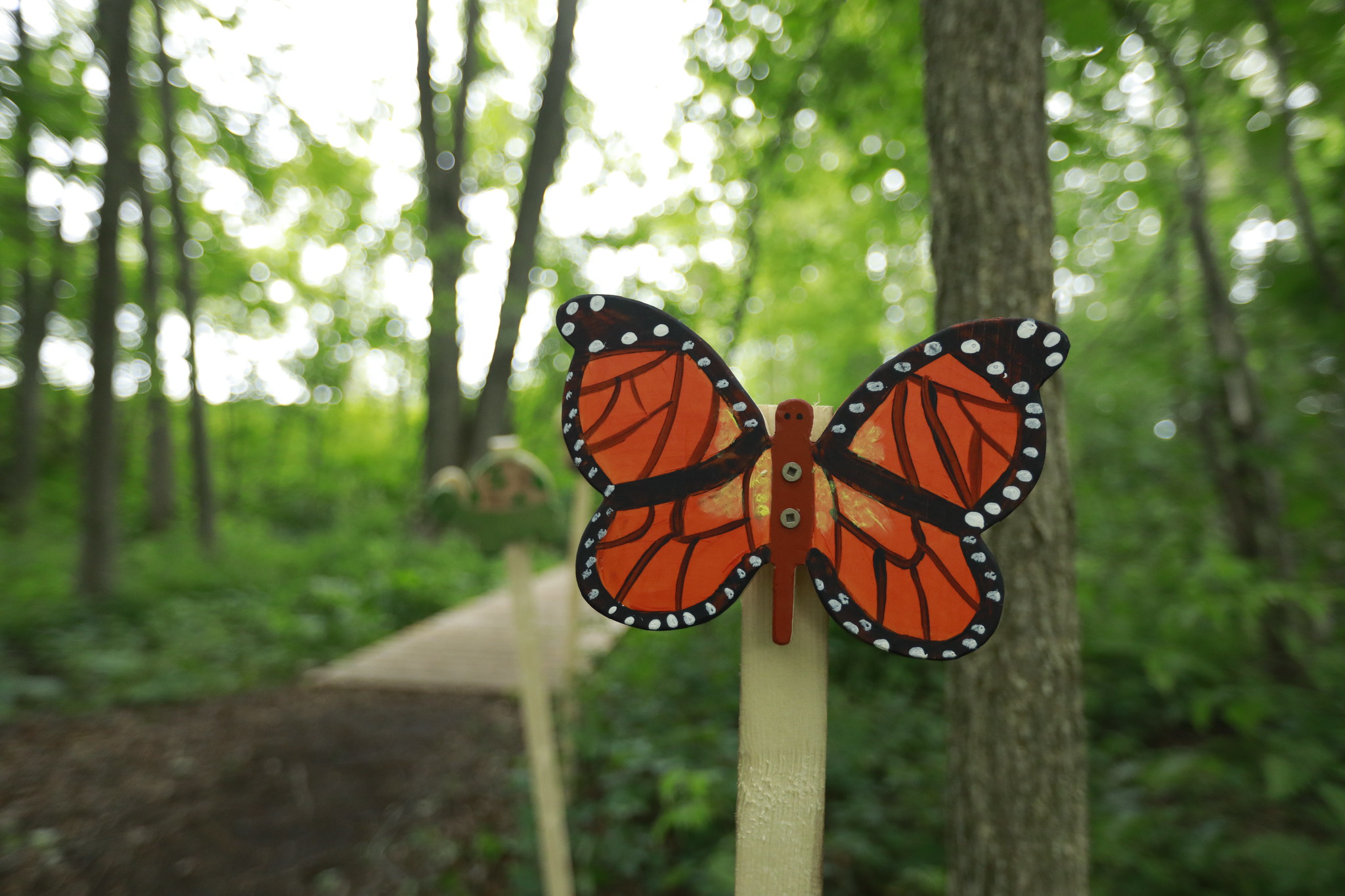 Closeup picture of a handpainted, wooden Monarch butterfly next to a trail,