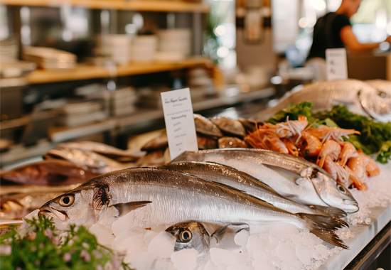 Image of fish and shrimp displayed for sale on ice,Image of fish for sale on ice